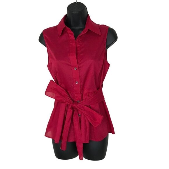 Theory Red Sleeveless Blouse 100% Cotton With Ties & Pleats Size S - Picture 1 of 7